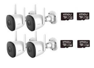 Kit 4 Camera supraveghere IP WiFi 6 cu iluminare duala Imou Bullet 3 IPC-S3EP-5M0WE, 5 MP, 2.8 mm, IR/lumina alba 30 m difuzor si microfon, sirena 110dB, slot card+ 4 microSD Card-uri 128GB